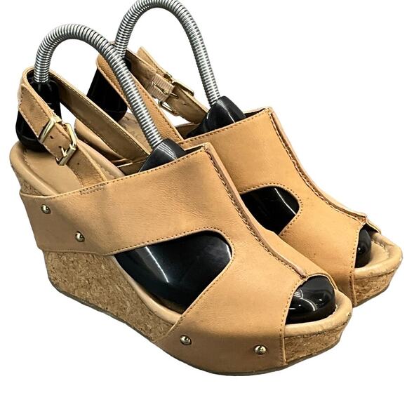 Kenneth Cole Reaction Neutral Tan Leather Slingback Cork Wedge Sandal Women 8.5 - Picture 1 of 10